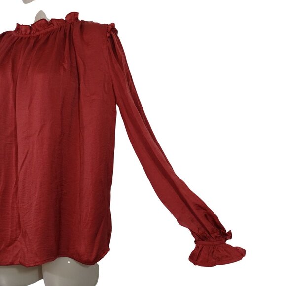 Rust Color Long Sleeve Ruffle Neck Blouse Women Size M Casual Work Business - Picture 3 of 10